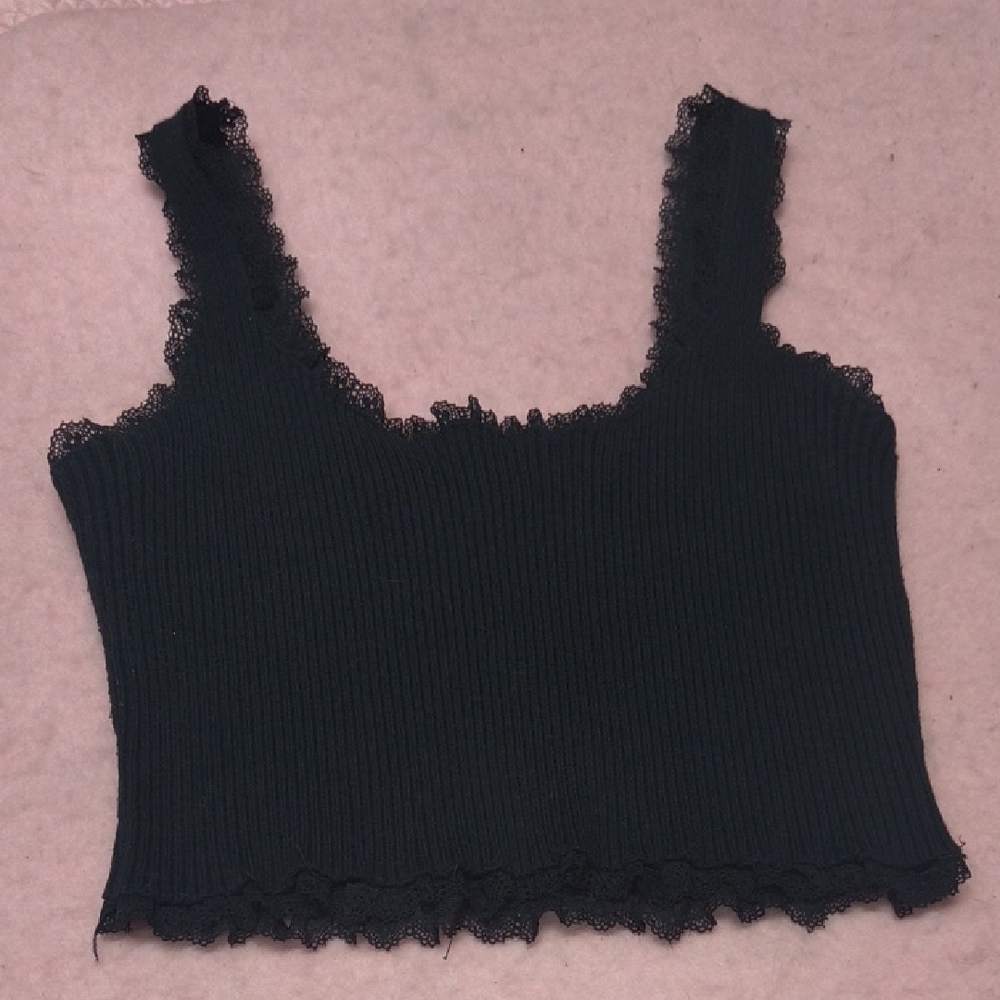 Black Lace Trim Ribbed Tank Top